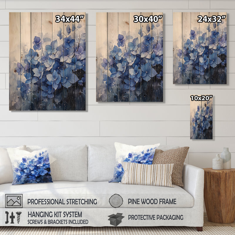Hortensias dans un champ de pluie II - décoration murale en bois d'hortensias - sur bois de pin naturel