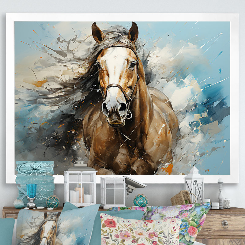 Cheval galopant fantaisiste sur toile, H 16 po x l 32 po x P 1 po, Cadre simple blanc