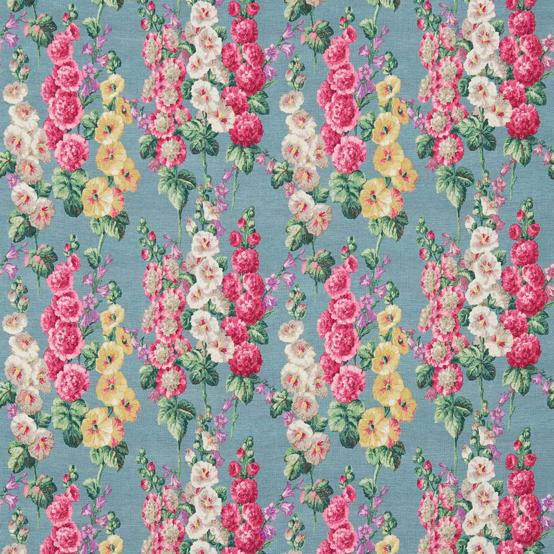 Hollyhocks Fabric, Petrol Blue/Multi