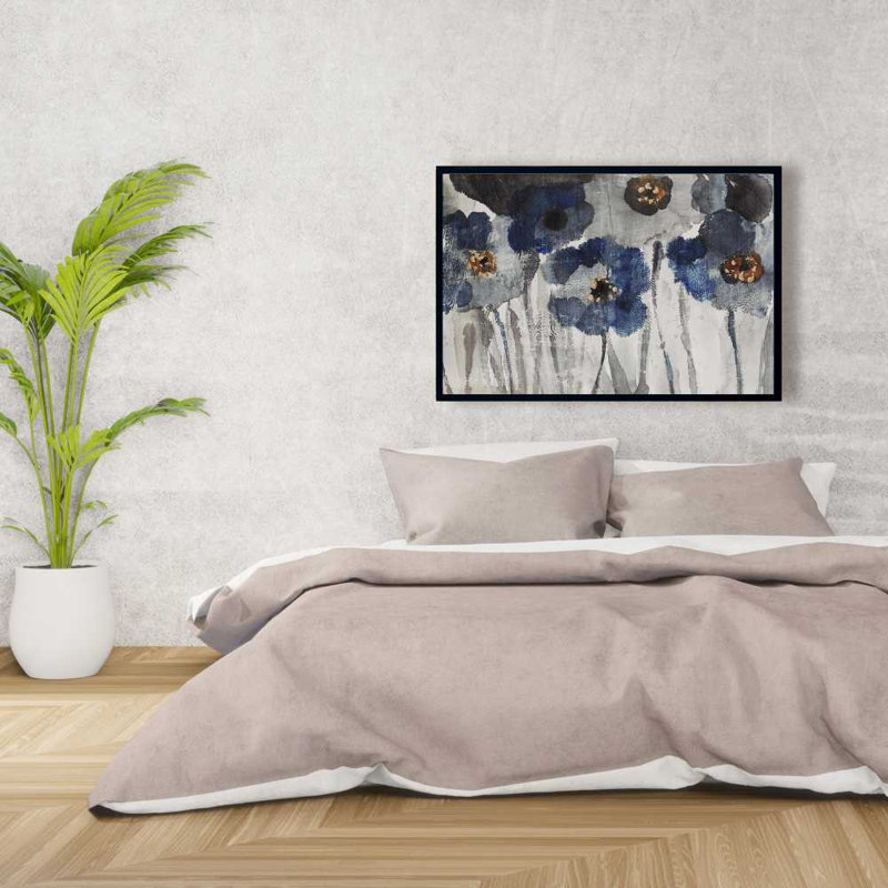 Fleurs bleues floues - Toile avec cadre floral pour décor de salle de bain, H 37,25 po x l 25,25 po