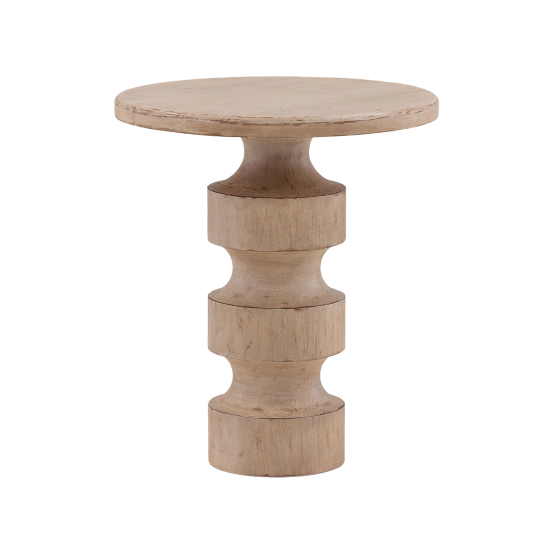 Round side table made of light wood with a distressed finish and a thick, tiered sculptural pedestal base.