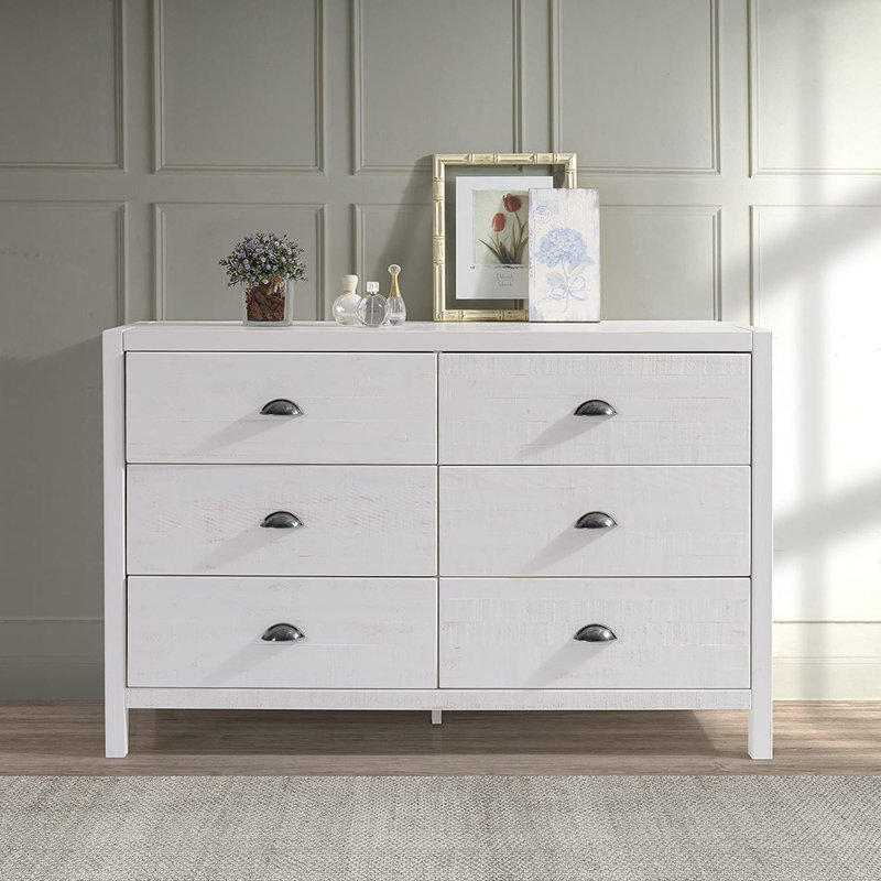 Commode double en bois massif à 6 tiroirs Arranda, Blanc marin