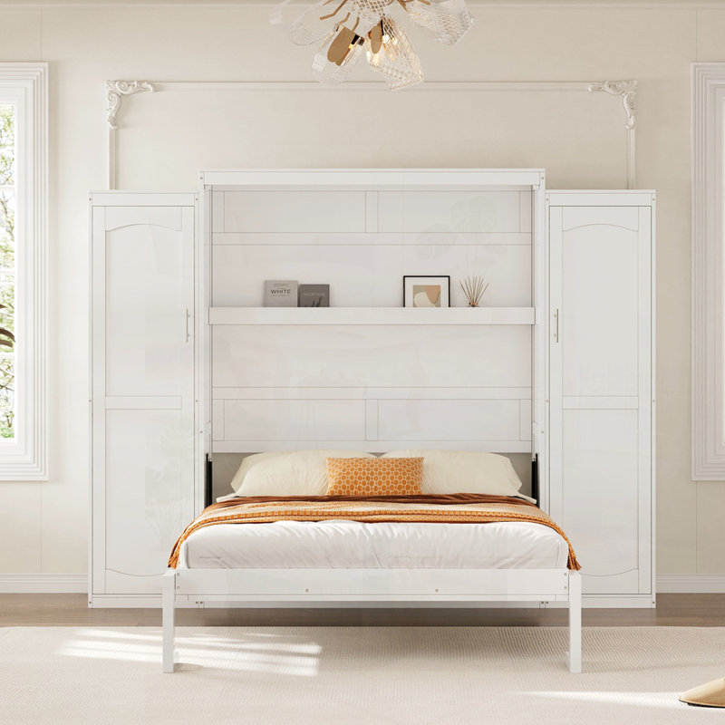 Lit escamotable double avec garde-robe et 2 tablettes, plateforme pliable multifonctionnelle pour chambre d'amis, chambre à coucher