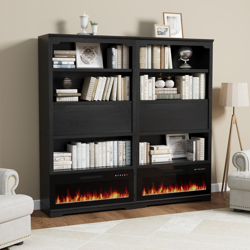 Luper 71inch Standard Bookcase,4-Shelf Bookcases Cabinet with Electric Firplace and Flip-shelf, Black