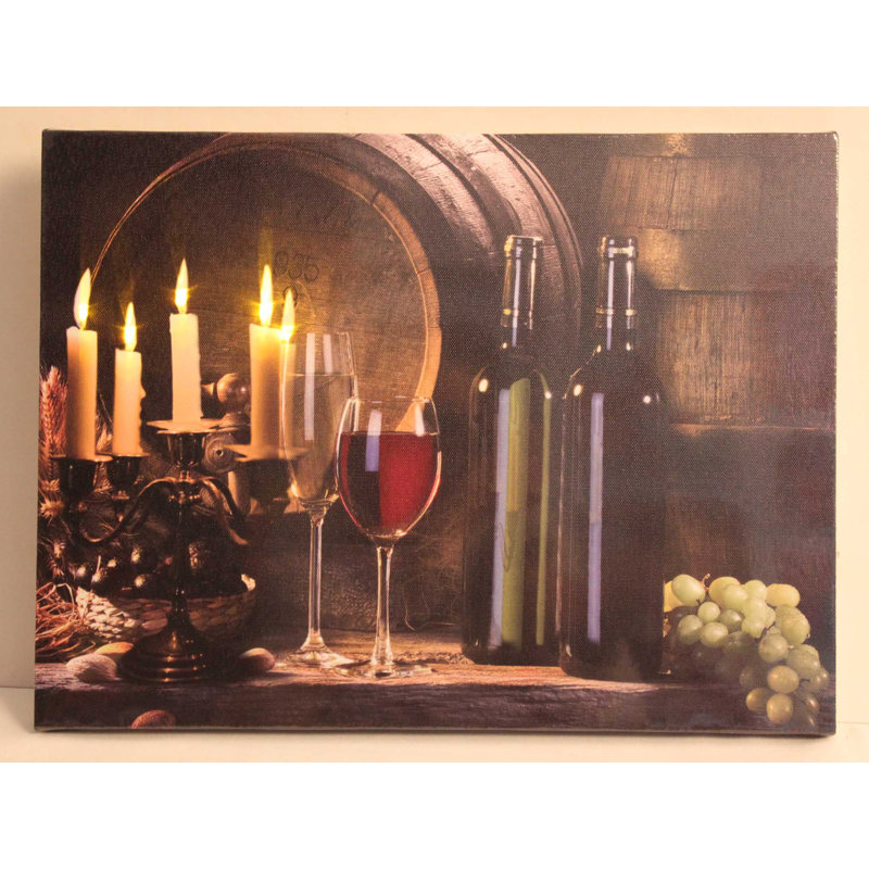 15.75" LED Lighted Flickering Candles and Wine Canvas Wall Art