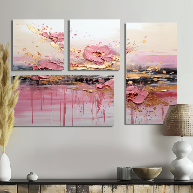 Rose, formes liquides modernes II - art mural 4 pièces, Impression encadrée sans passe-partout, Doré