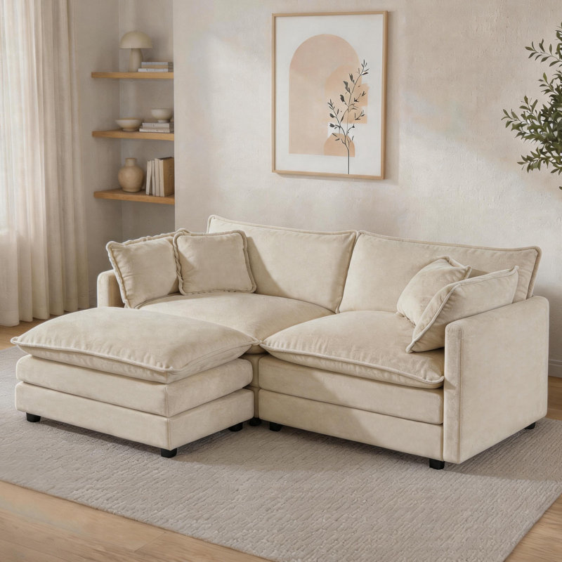 Canapé modulaire 70 po en L chenille 70 po avec repose-pieds pour petits espaces, Chenille café clair