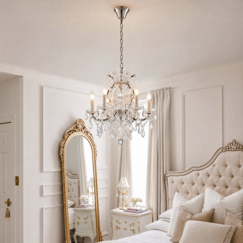 Lustre style candélabre en cristal de style empire 6 lumières 20 po, H 70 po x l 20 po x P 20 po, Nickel brossé, 1 étage