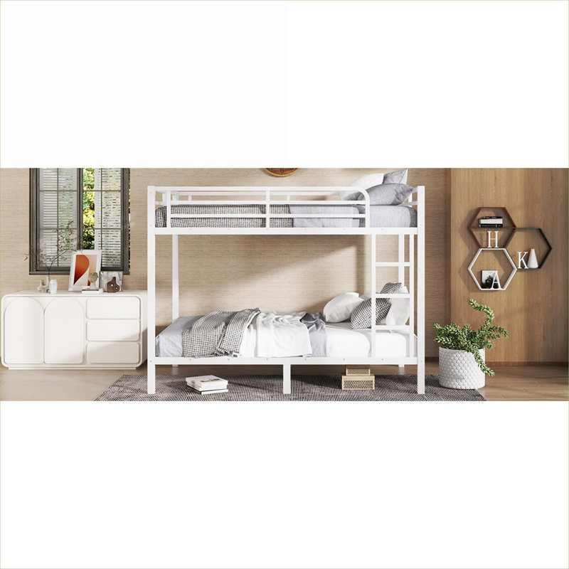 Classic white metal space-saving Full XL over Full XL platform bunk bed, noise reduced sleeper, no box spring needed for teens and adults