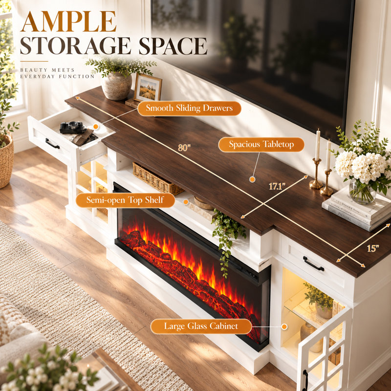 80" Farmhouse TV Stand With 36" 3-Sided Electric Fireplace for TVs up to 90", 2 Drawer and Adjustable Shelf Entertainment Center