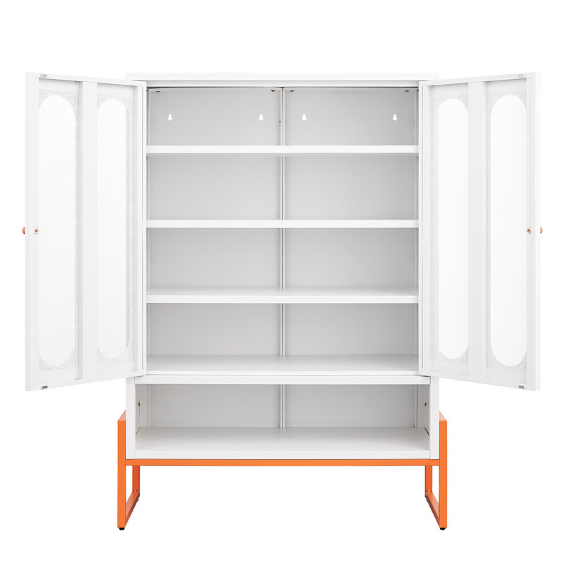 White Freestanding Shoe Cabinet With Dual - Opening Doors, 15Cm Proof Design, And Back Fixing For Powder Coated Adjustable Mesh Magnetic Shelves, Robot Vacuum Compatibility