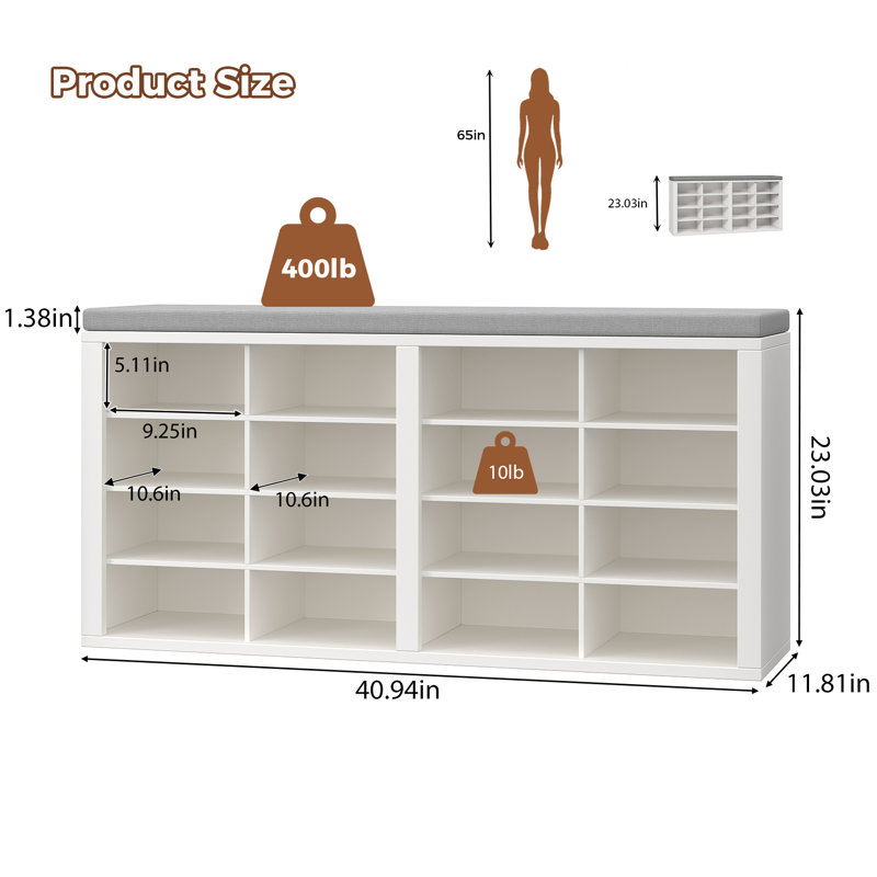 Banc de rangement pour chaussures avec coussin 16 casiers de rangement multifonctionnels pour vestibule, couloir, salon, chambre à coucher
