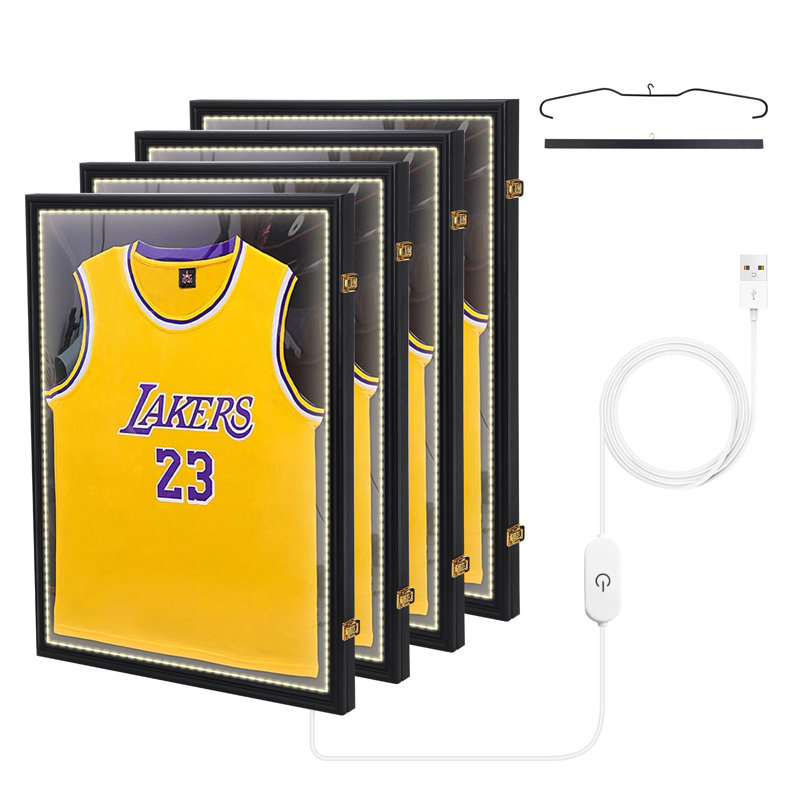 LED Sports Jersey Display Case with UV Protection & Pinboard, Acrylic Frame for Memorabilia (4 Pack)