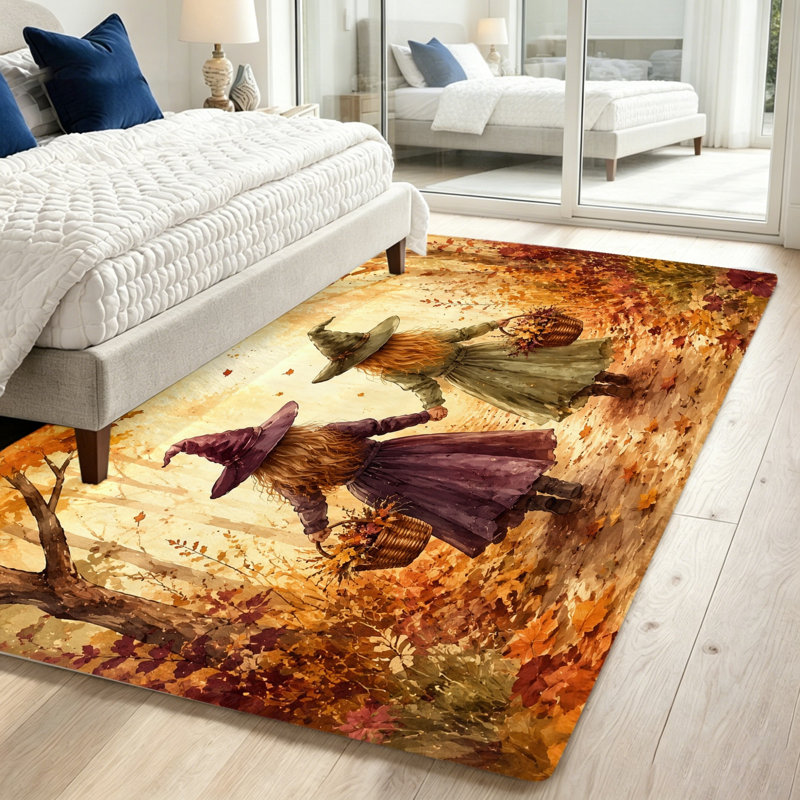 Tapis d'automne sorcières qui marchent avec des paniers, zone de scène de forêt d'automne enchanteur, salon décoratif, chambre à coucher confortable, décoration de maison fantaisiste, décorations de Pâques uniques