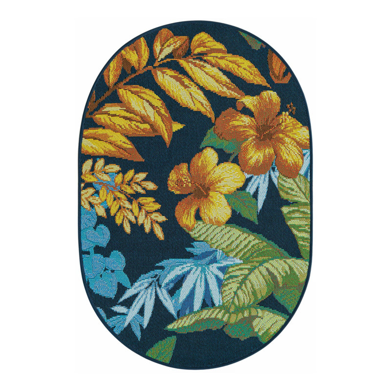 Tapis intérieur / extérieur à motif floral bleu / jaune Brett, Ovale 2 pi 2 po x 3 pi 1 po