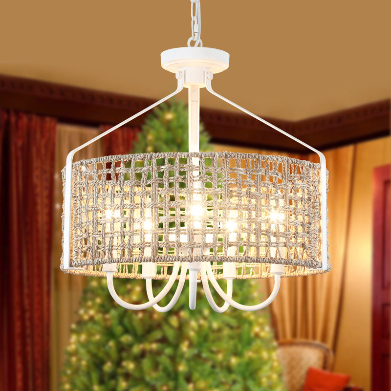 Ekkehard 5 - Light 18.35” Dimmable Metal Drum Rattan Bohemian Candle Chandelier With Seagrass Shade, Distressed White
