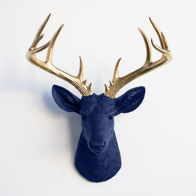 Grande décoration murale fausse tête de cerf naturalisée, Marine / doré
