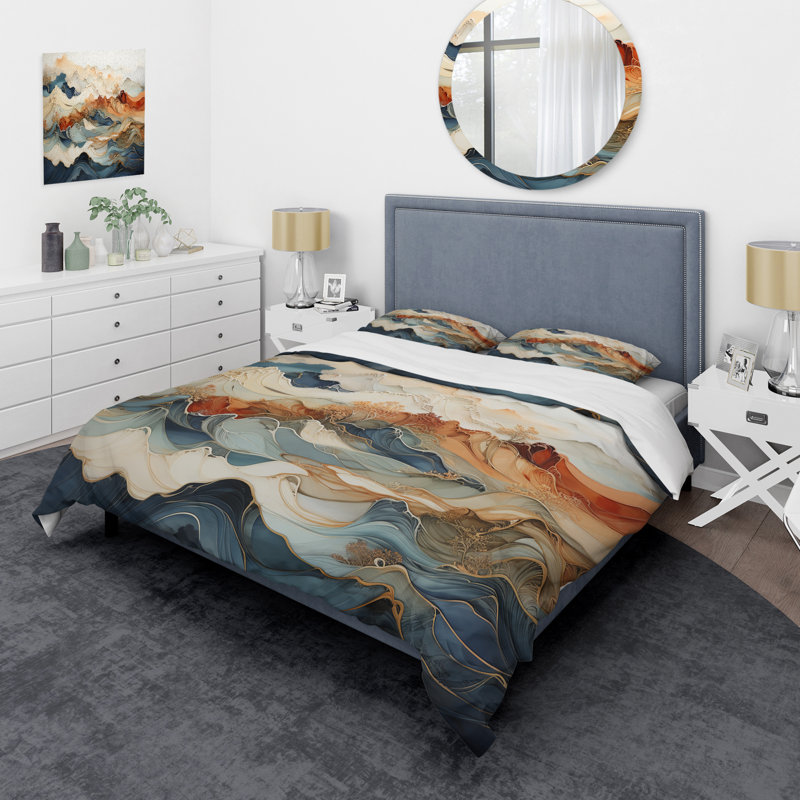 Ensemble de housse de couette abstrait en marbre orange et bleu abstrait River III
