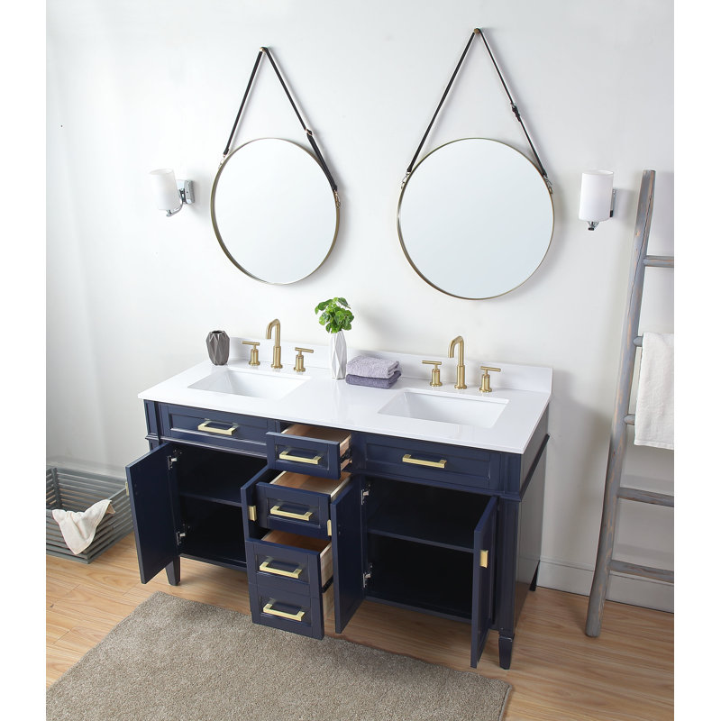 Debraca 60'' Double Bathroom Vanity with White Quartz Top, Navy Blue