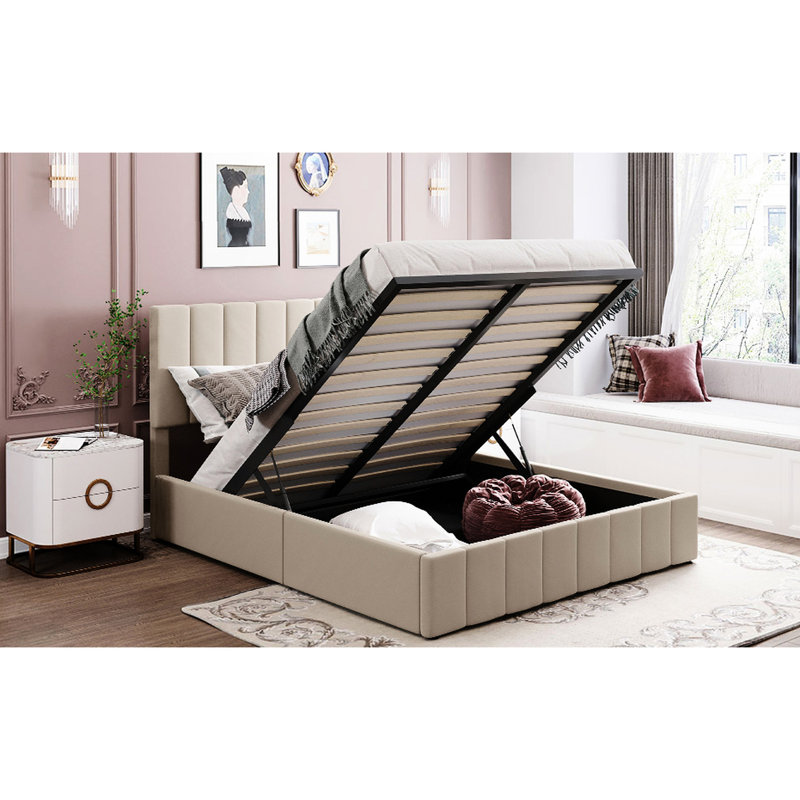 Beige Upholstered Queen Bed With Hidden Storage Compartment Size Hydraulic Upholstery And Frame, Beige, Queen