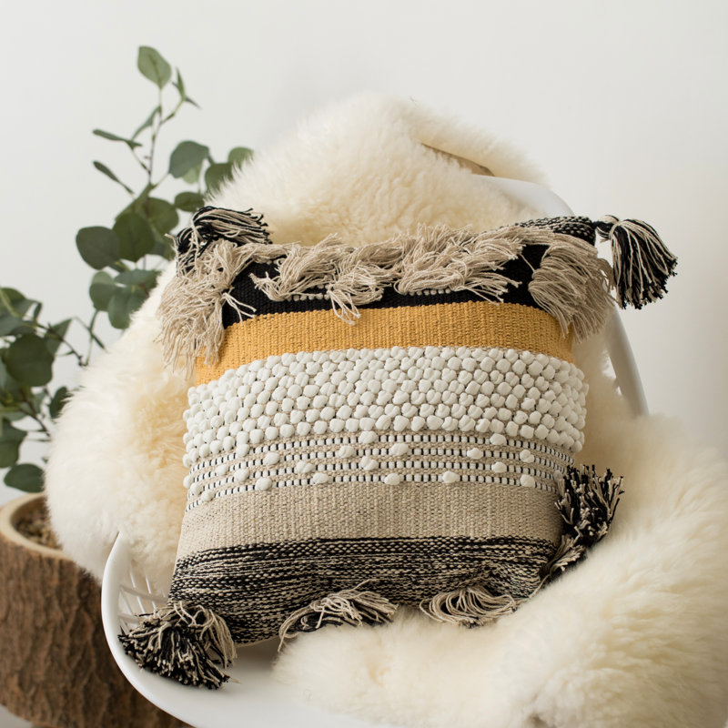Housse de coussin décoratif bohème, coussins décoratifs rustiques marocains bohémiens avec accents touffetés, coton tissé à la main moelleux, décor de maison de campagne scandinave tissé neutre texturé, (noir)