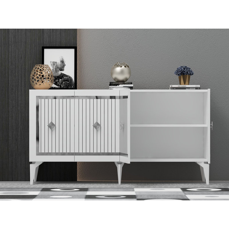 Modern White Console Table with Silver Accents, 100% Melamine Coated Particle Board, Thickness: 0.7 inches | Numerous Shelves, Wall-Mountable, Elegant Design for Living Room & Entryway