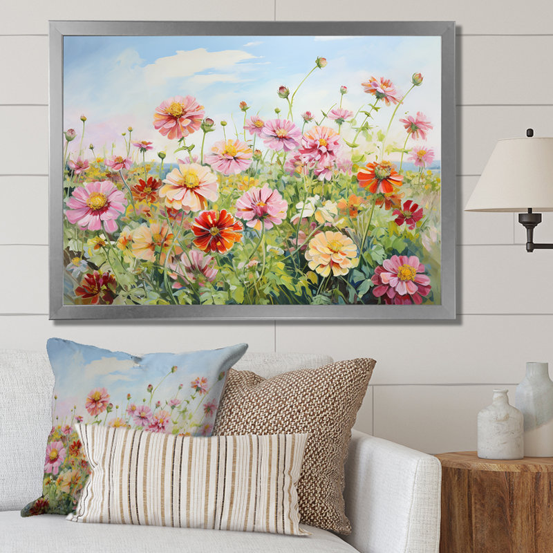Zinnias Country Charm sur toile, Cadre simple argenté, H 12 po x l 20 po x P 1 po