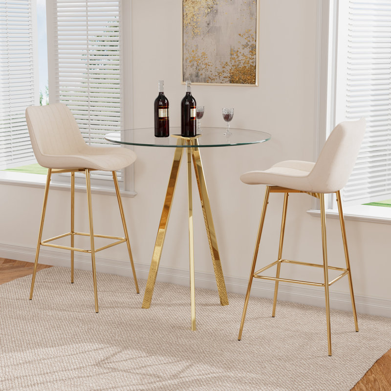 Pub Table and Velvet Fabric Pedestal Bar Stool Dining Set, Cream, 3 Pieces: Table, 2 Chairs
