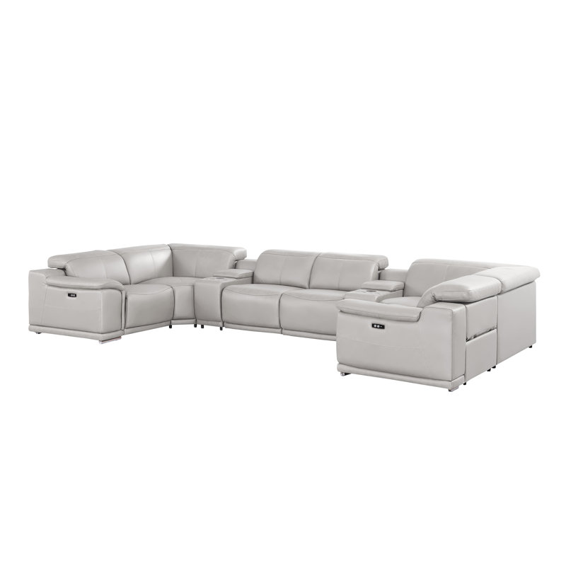 8-Piece U-Shaped Power Reclining Sectional In Genuine Leather – 2 Recliners, Light Gray Top Grain Leather