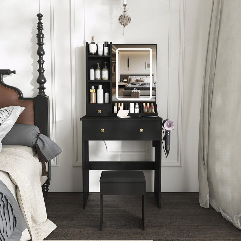 Modern small Vanity Desk ,featuring 3 modes of LED lighting with adjustable brightness, Black