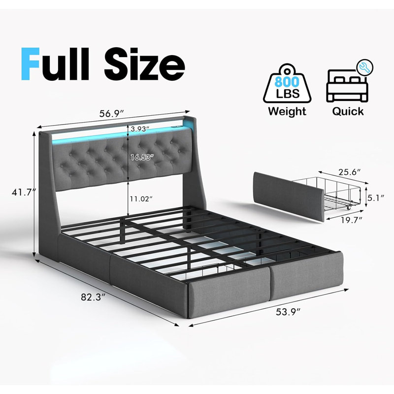 Oneita Upholstered LED Bed Frame With Storage Headboard Charging Station 2 Drawers Grey, Full