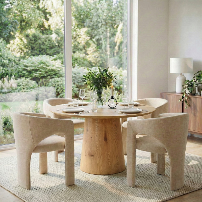 47"-83" Extendable Round To Oval Dining Table Set,Modern Pedestal Wood Dining Table With Upholstered Barrel Chairs, Brie 