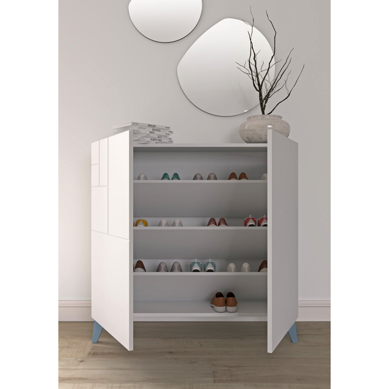 12 Pair Shoe Storage Cabinet, White/Blue