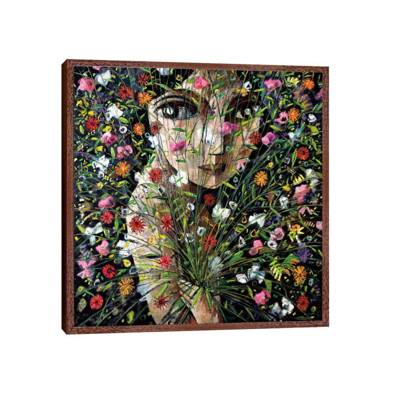 Between The Flowers by Didier Lourenco - Floater Frame Painting on Canvas, 66.04 cm H x 66.04 cm W, Brown Framed