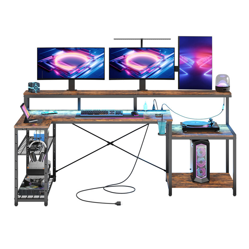 Minaya 71.5" W LED Gaming Desk with Power Outlet, L-Shaped Computer Desk with Monitor Stand, Brown