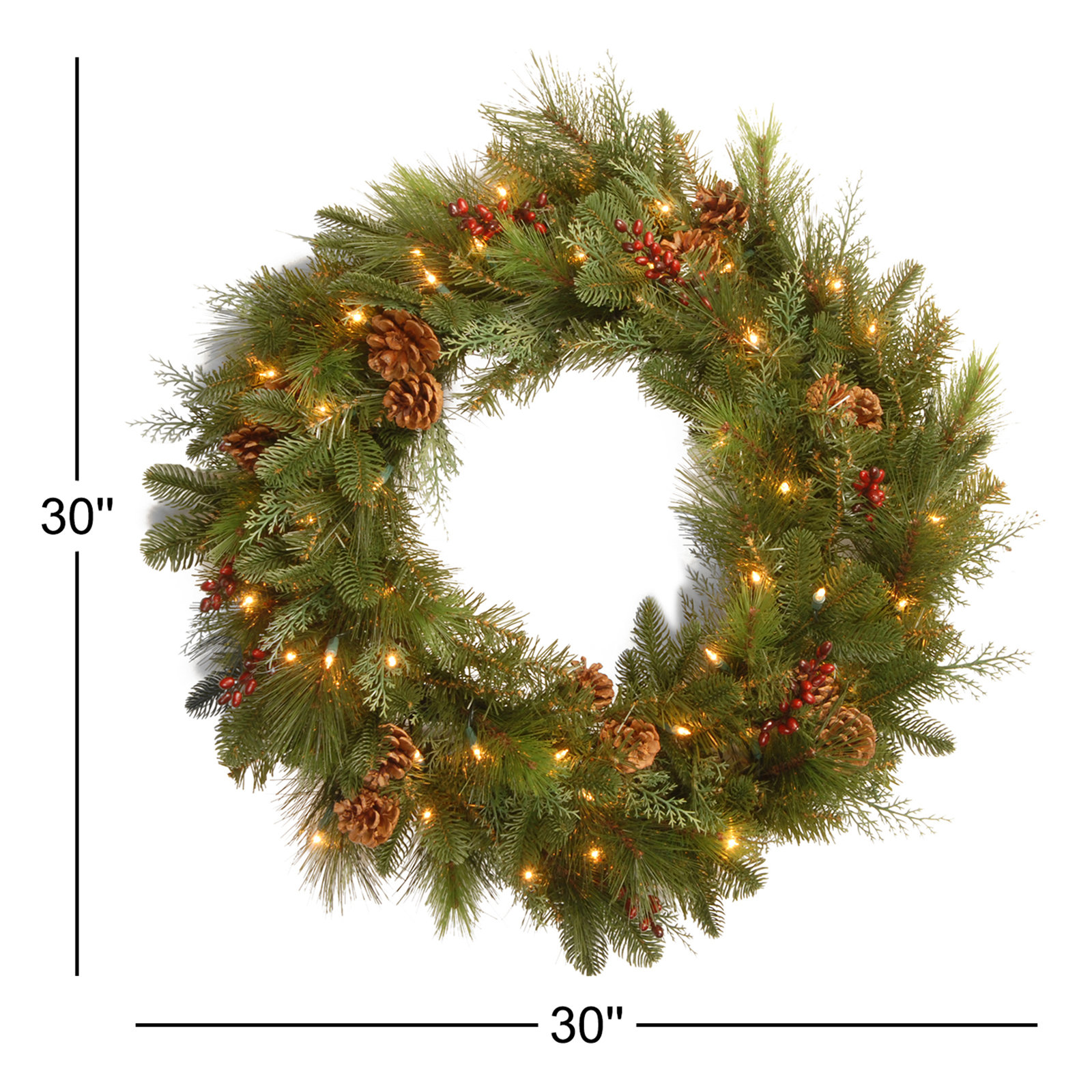 Berry Pre-Lit Wreath, 30" H x 30" W x 5" D
