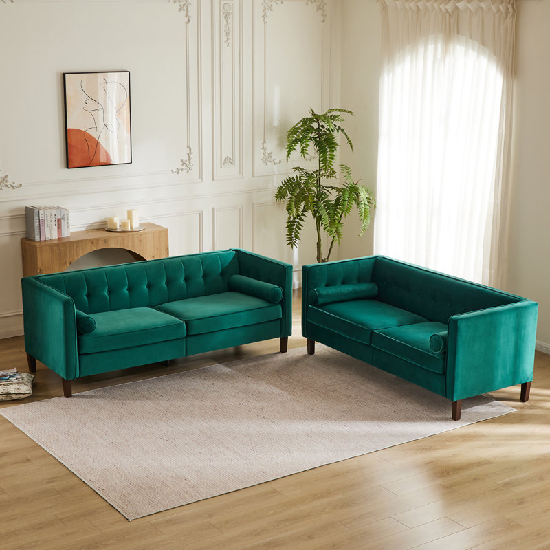 Ensemble de salon 2 pièces capitonné Mid-Century, Vert