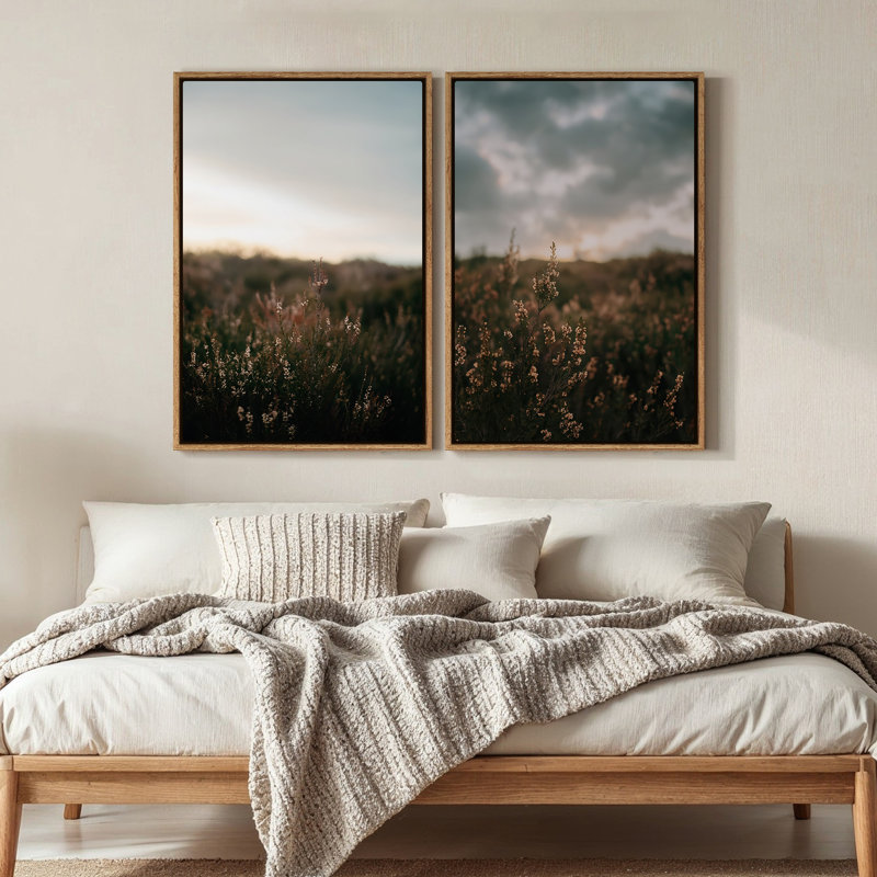 Art mural encadré - Fleurs de paysage coucher de soleil, impressions murales pour chambre à coucher - 16 po x 24 po x 2 pièces