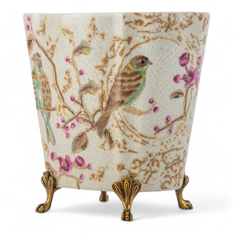 Spring Blossoms Oval Porcelain Planter with Bronze Ormolu
