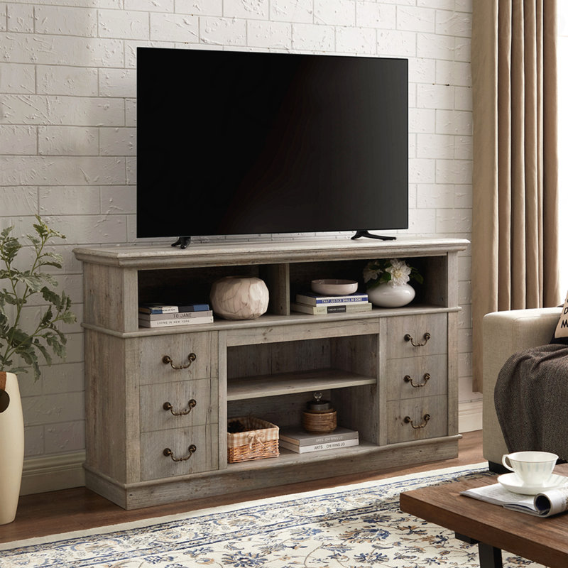 Farmhouse Rustic TV Stand, Wood Entertainment Center with Cable Management, Light Gray