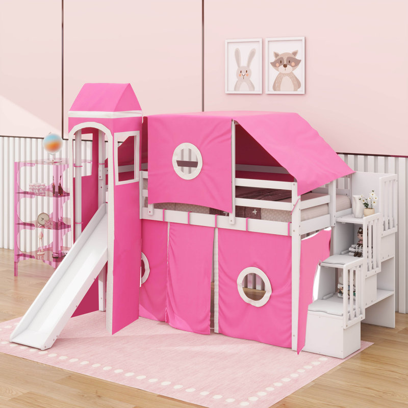 Lit mezzanine avec tente et tour, Double, Rose