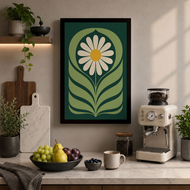 Geometric Daisy Botanical 1 Piece Wrapped Canvas Wall Art, 36x24 - 91.4 x 61.0 cm, Ochre Border