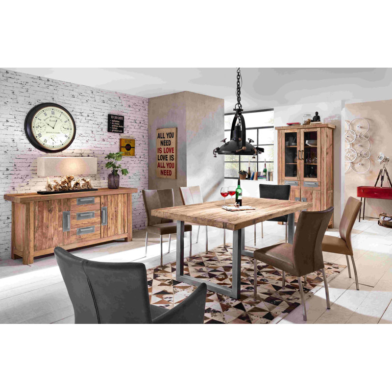 Edge Teak Solid Wood Top Metal Base Dining Table, Brown, 76cm H x 240cm L x 100cm W