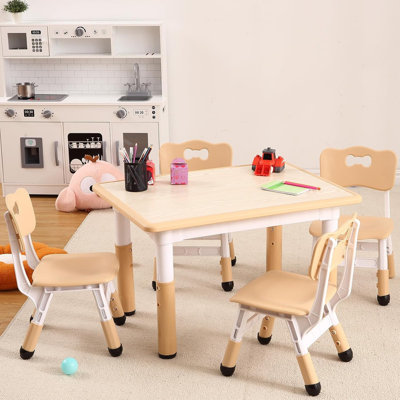 Kids Table and 4 Chairs Set, Height Adjustable Toddler Table with Graffiti Desktop