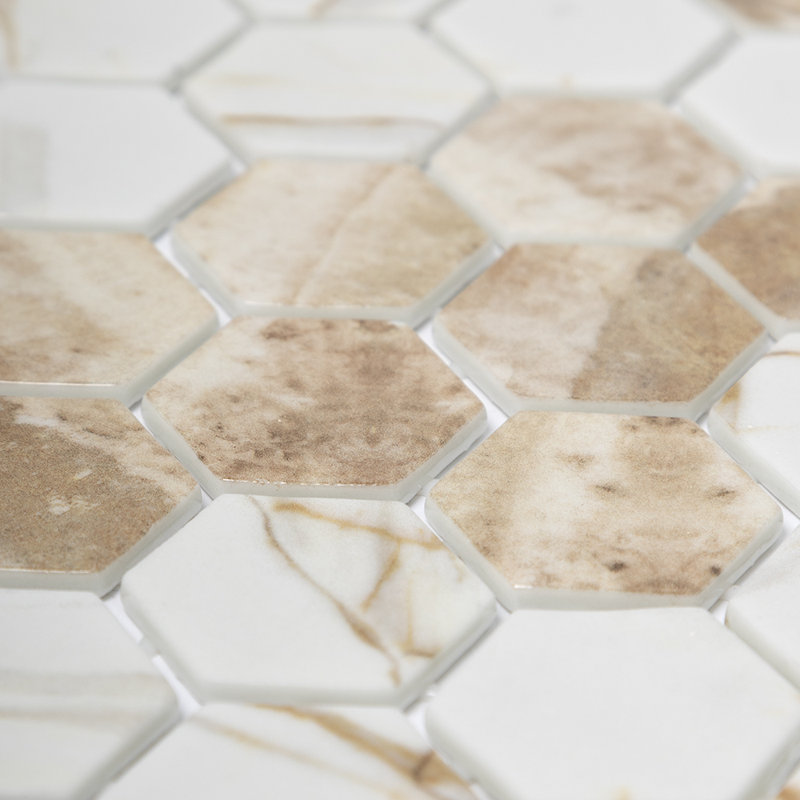 Eterna Hexx 12'' x 12'' Recycled Glass Mosaic, Cream Blend