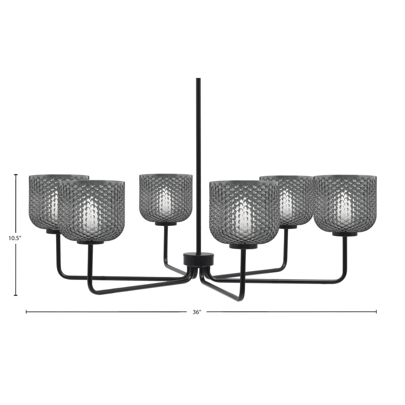 Lustre 6 lumières Amarmula, finition noir mat, verre texturé fumée 6 ", Transparent/noir, Noir