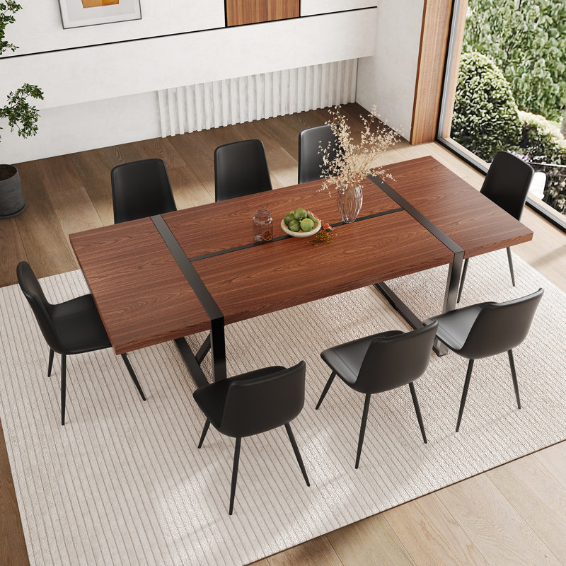 Ensemble de table de salle à manger en bois 87 po avec chaise rembourrée en cuir PU, Noir, 9 pièces : table, 8 chaises
