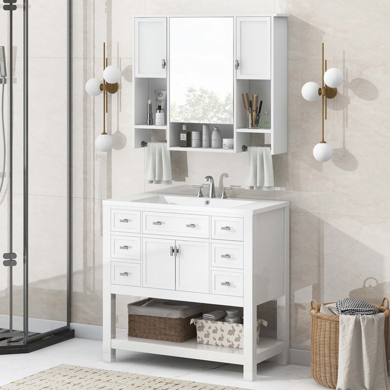 Meuble-lavabo 36 po avec lavabo supérieur et armoire à miroir, Blanc