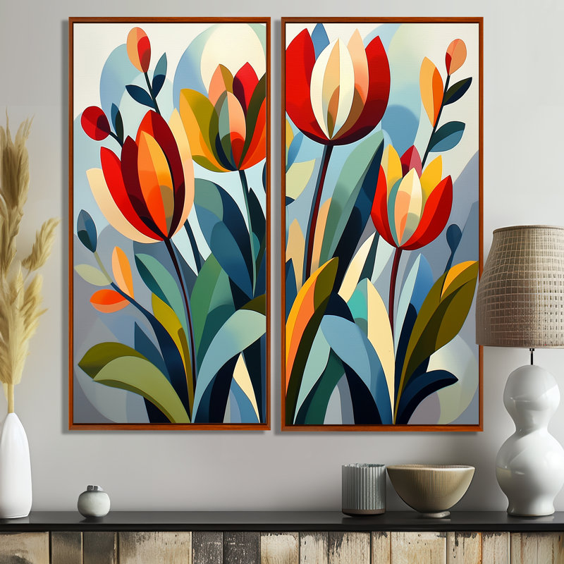 Green Mid Century Mod Nature Tulip V - Art mural moderne 2 pièces, 20" H x 24" W, Impression encadrée flottante, Brown
