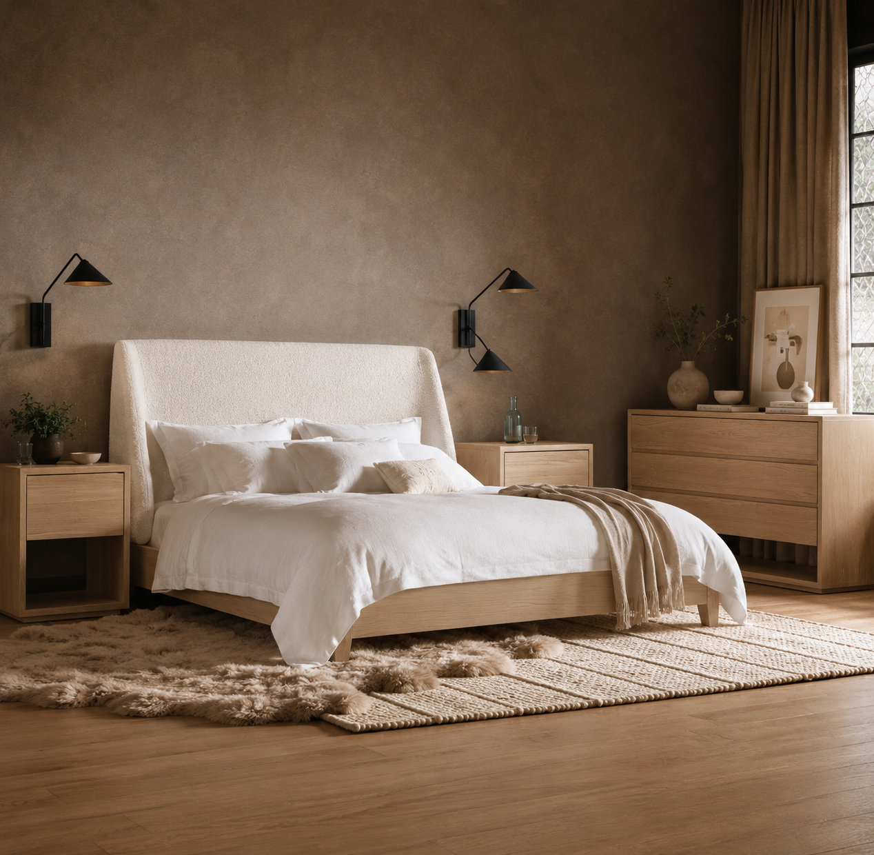 Cloey Upholstered Wingback Bed, Ivory Boucle, King